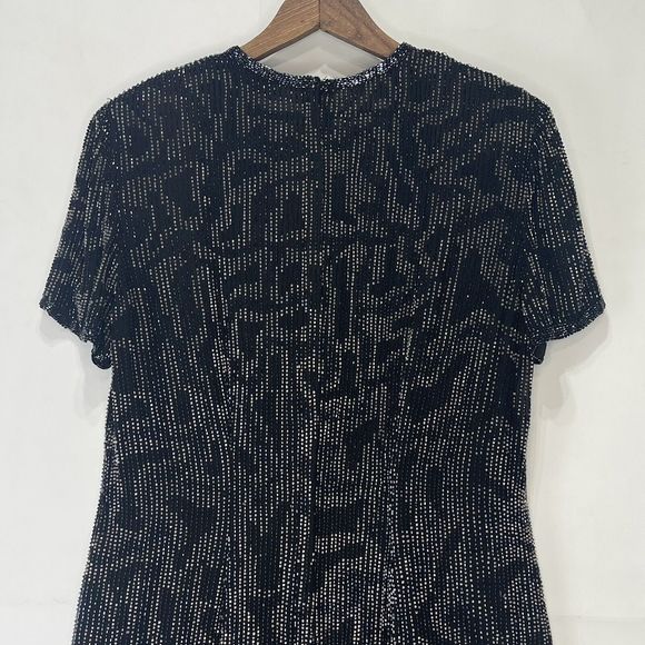 Vintage Dress Gown Midi Black Beaded Silk Evening Party Size M 90's 80's - Picture 7 of 16